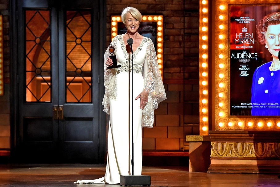 Helen Mirren accepts the award for Best Performance by an Actress in a Leading Role in a Play for The Audience onstage during the 2015 Tony Awards at Radio City Music Hall on June 7, 2015 in New York City.