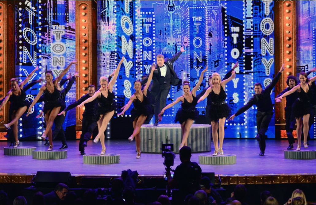 Host James Corden (center) performing at the 2016 Tony Awards.